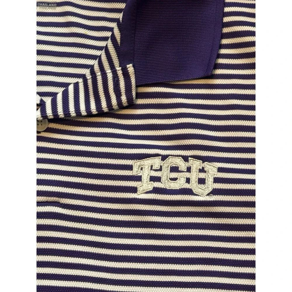 Nike TCU Golf Dri-FIT Mens X-Large Purple White Stripe Polo Shirt XL Horned Frog